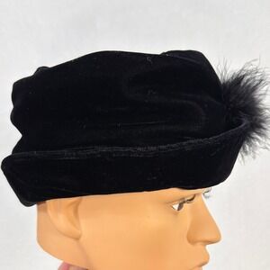 Two Girls N.Y.C. Women Velvet Feather Pillbox Hat OS Black Vintage Retro Formal